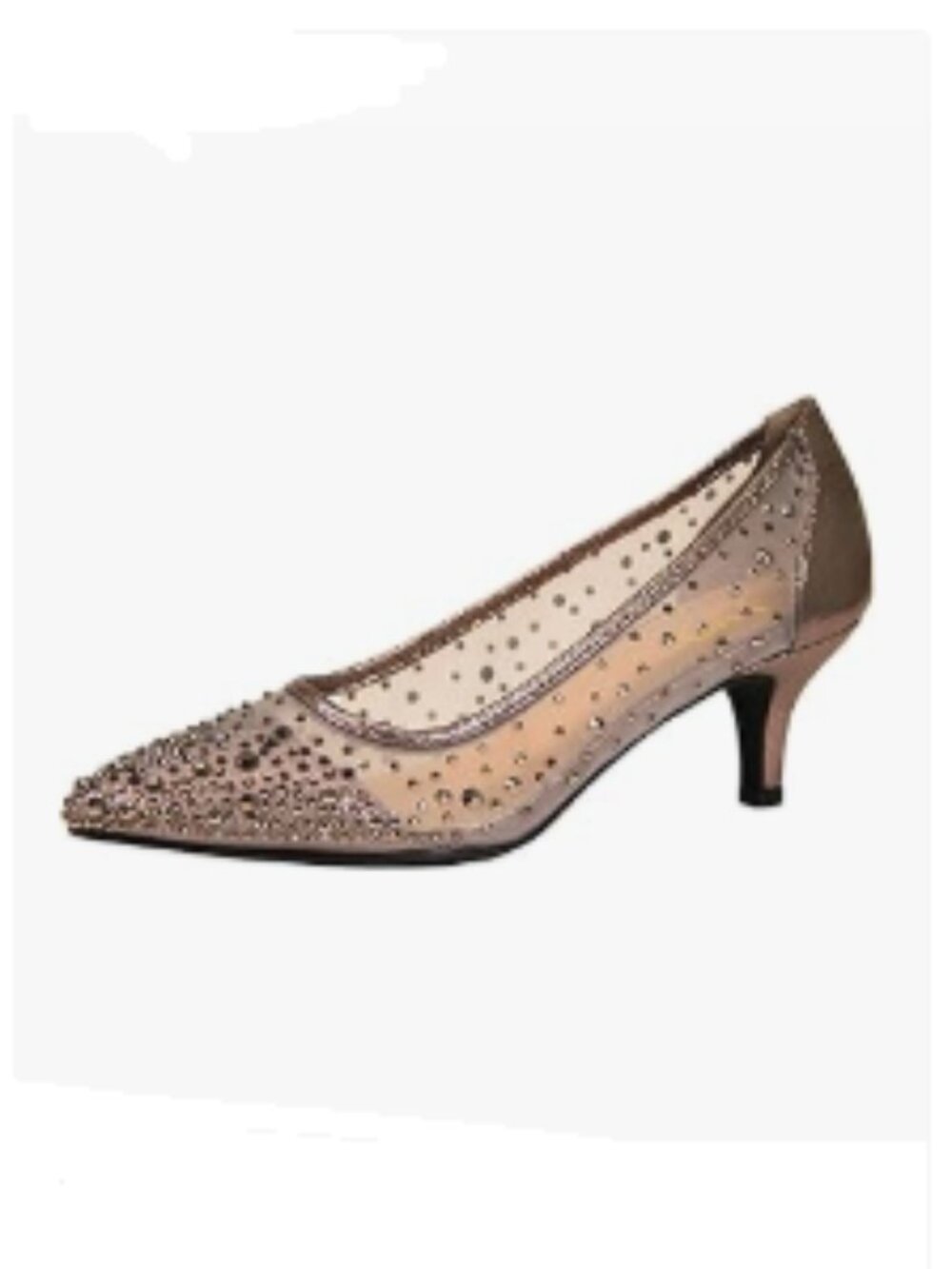 XYD Pewter Pointed Toe Slip On Graceful Mesh Pumps Rhinestone Kitten Heels Shoes